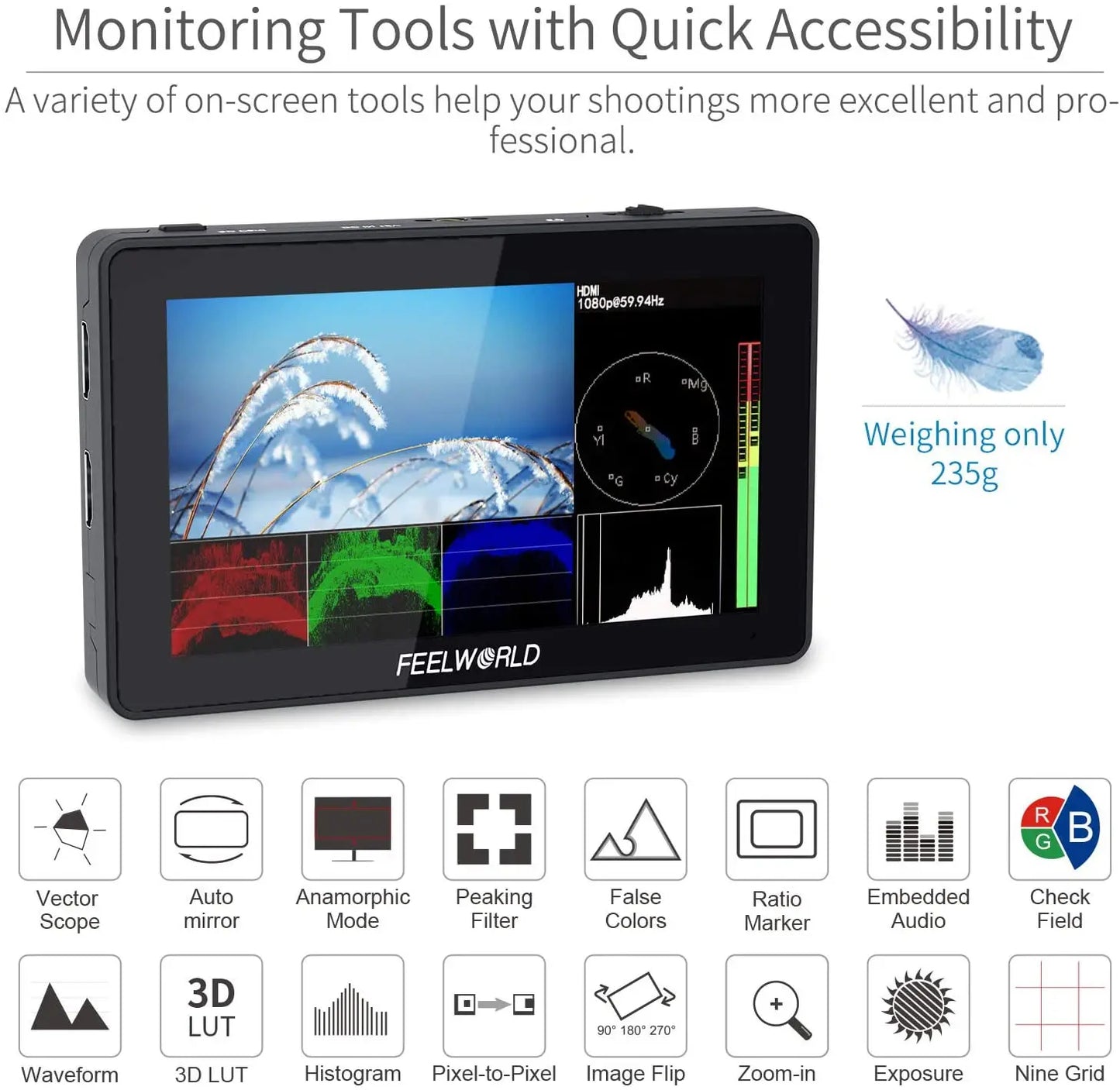 FEELWORLD F6 Plus V2 6' On-camera DSLR Field Monitor Touch Screen Monitor with HDR 3D Lut IPS FHD 1920x1080 Video Focus Assis [PHO]