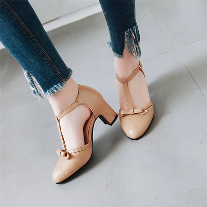 New Women Mary Janes Pumps T-Strap Ladies 6.5cm Spike Heels Shoes Sweet Bowtie Lolita Buckle Strap Wedding Bridal Shoes 34-43 [LOL]