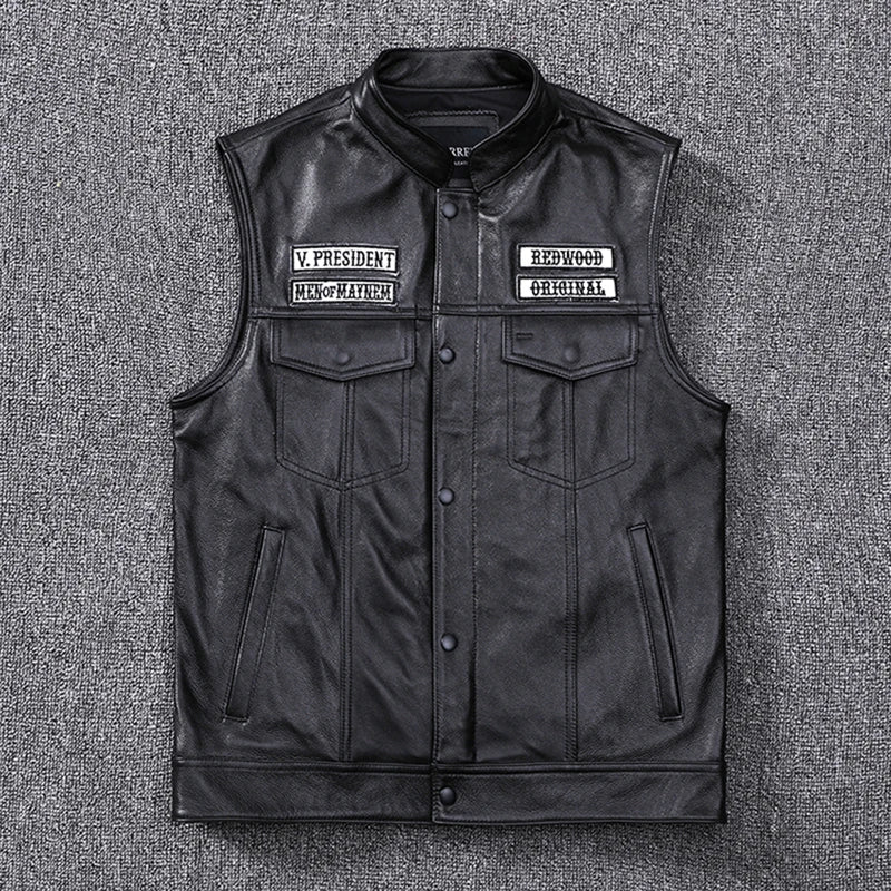 Fashion 100% Cowskin Sons Of Anarchy Leather Rock Punk Vest Cosplay Costume Black Color Motorcycle Biker Sleeveless Jacket [COS]