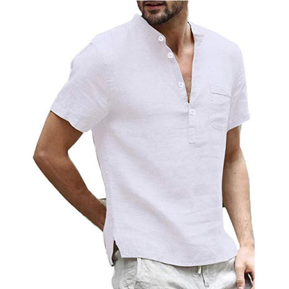 Men's Casual Hip Pop t-Shirt Summer Short-Sleeved Linen Shirts With Stand-Up Collar Soild Short-Sleeved Shirt Buiness Shirts To [MEN]