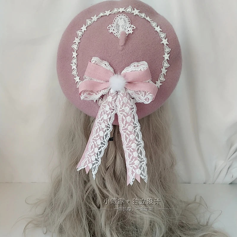 Japanese-style Beret Lolita GIRL'S Sweet Cute Versatile Woolen Women's Hand Made Lace Bow Bud [LOL]