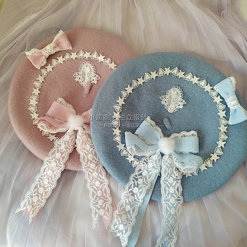 Japanese-style Beret Lolita GIRL'S Sweet Cute Versatile Woolen Women's Hand Made Lace Bow Bud [LOL]