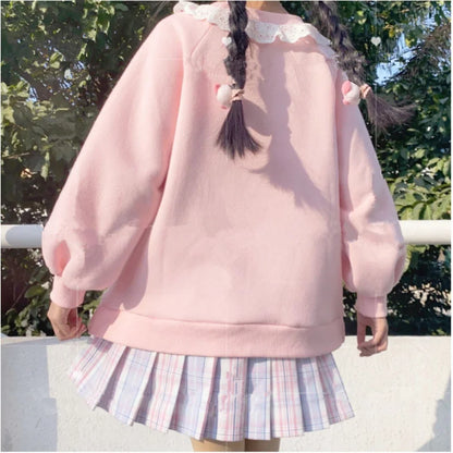 2024 Spring Women Lace Neck Cute Hoodies Harajuku Kawaii Sweatshirt Lolita Girl Pink Pullover Lamb And Candy Embroidery Sudadera [LOL]