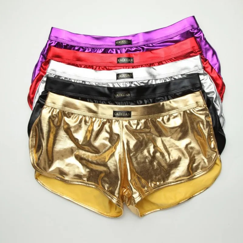 Men PU Boxers Shorts Sexy Leg Split Underpants Faux Leather Gold Silver Stage Exotic Stage show night club Gay Underwear [GRM] [UND]