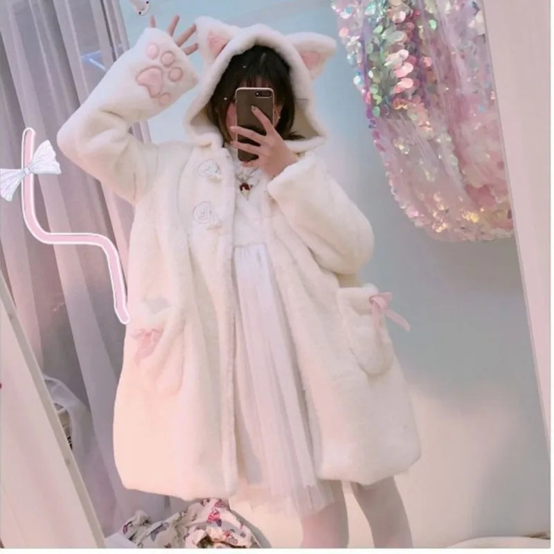 Winter Jacket Women Lolita Fleece-lined Thickened Girl Soft Fabric Kawaii Cat Ear Hat Claw Cute Plush White Coat Youthful Parka [LOL]