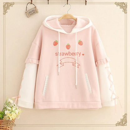 Japanese Harajuku Kawaii Women Sweatshirt Winter Sweet Strawberry Thicken Hooded Hoodie Lolita Fleece Warm Lace Up Pink Pullover [LOL]