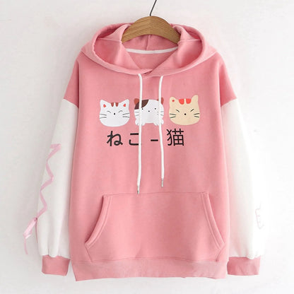 Harajuku Kawaii Hoodie Cat Ear Women Print Graphic Japanese Clothes Lolita Cute Cartoon Cat Ribbon Sweatshirt Teen Girl Pullover [LOL]