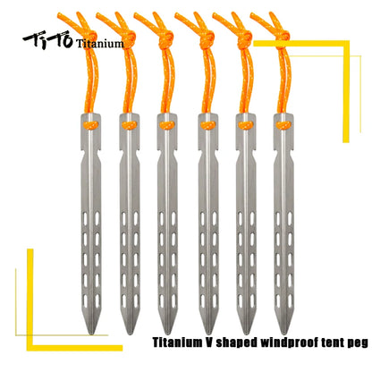 TiTo Titanium tent nails V shaped design Outdoor camping Windproof  equipment Tent tool for Soft ground 6/8/10/12pc [SPT]