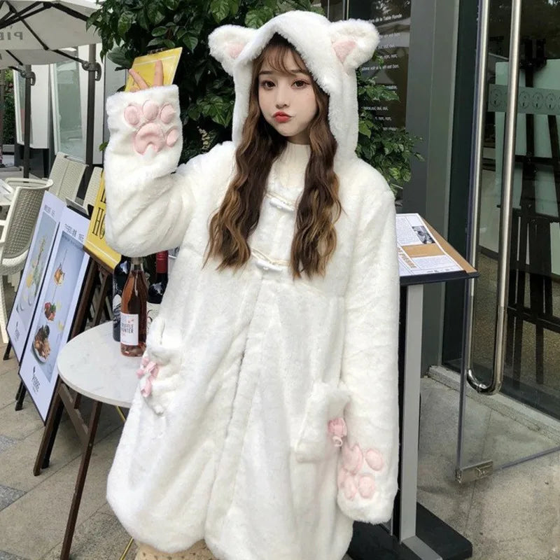 Winter Jacket Women Lolita Fleece-lined Thickened Girl Soft Fabric Kawaii Cat Ear Hat Claw Cute Plush White Coat Youthful Parka [LOL]