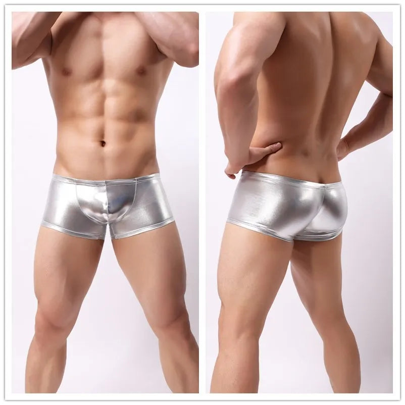 Mens Underwear Boxer  U Convex Pouch Patent Leather Wetlook Shinny Trunks Cool Underpants Shorts Shiny Leather Boxers for Male [GRM] [UND]