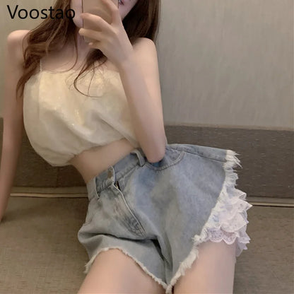 Sweet Lolita Style Lace Shorts Summer Women Harajuku Chic High Waist Denim Short Pants Female Streetwear Sexy Punk Hip Hop Jeans [LOL]