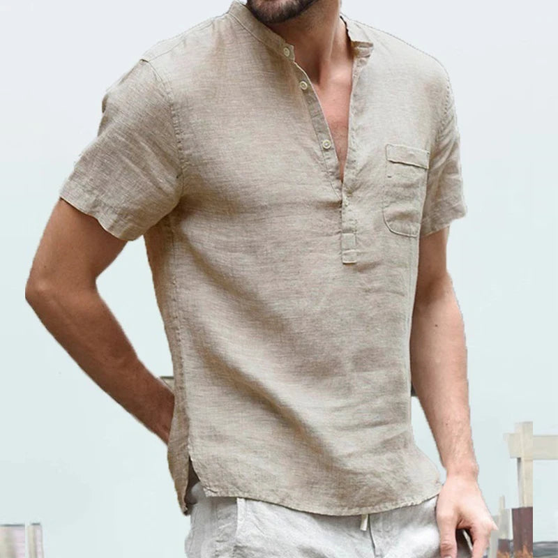 Men's Casual Hip Pop t-Shirt Summer Short-Sleeved Linen Shirts With Stand-Up Collar Soild Short-Sleeved Shirt Buiness Shirts To [MEN]