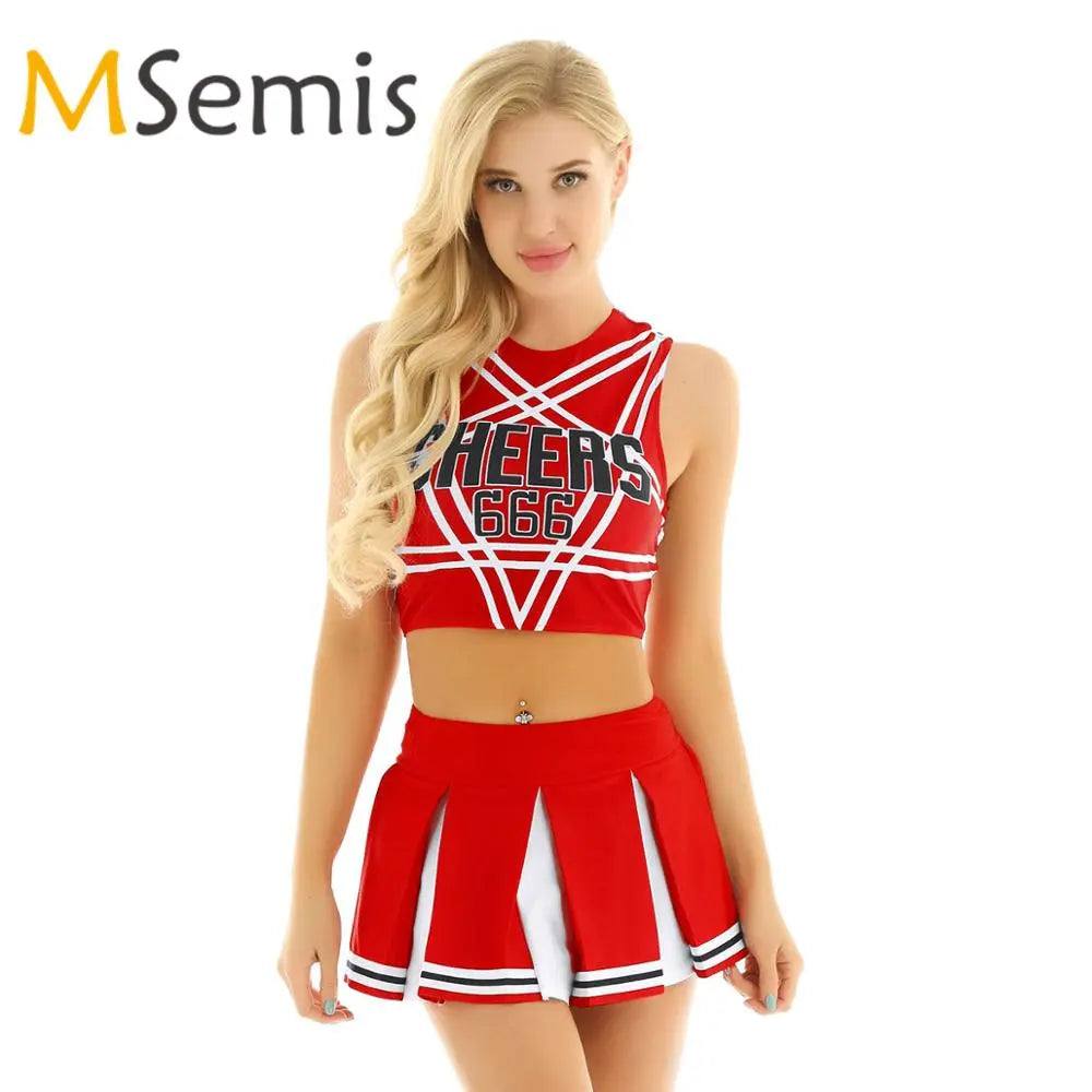 Womens Cheerleader Cosplay Costume Set Pentagram Back Crop Top with Mini Pleated Skirt Charming School Girl Cheerleading Uniform [COS]