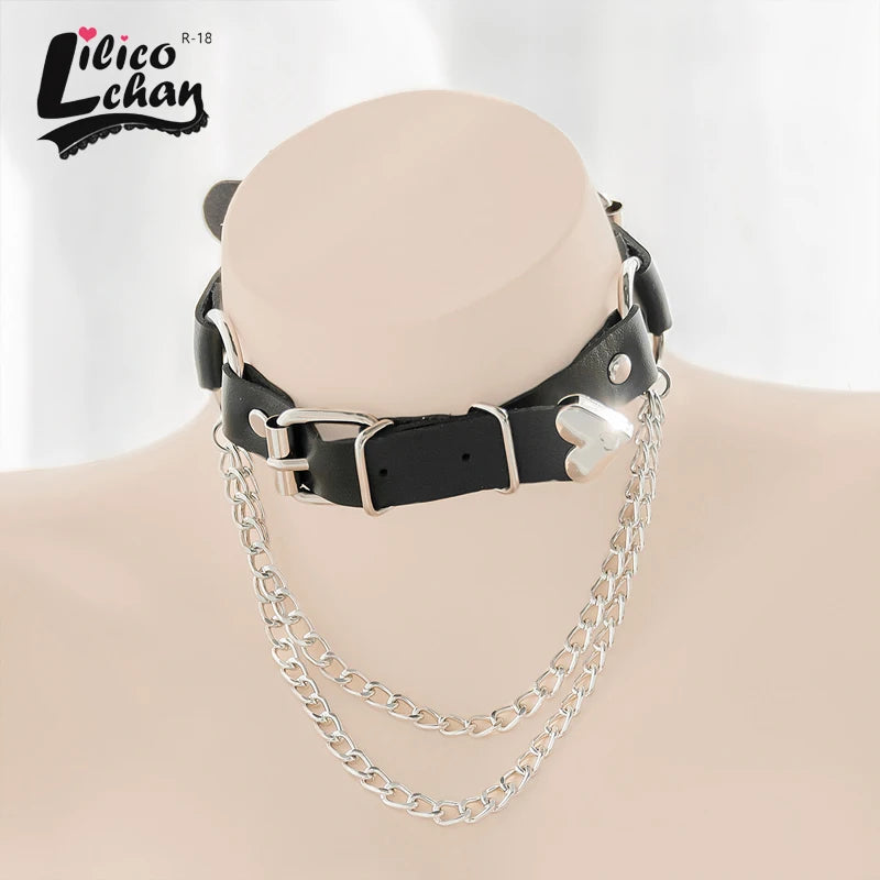 Punk Irregular Metal Women Love Leather Sexy Neck Chains Collar Gothic Dark Girls with Clavicle Chain Lolita Necklace Black Pink [LOL]