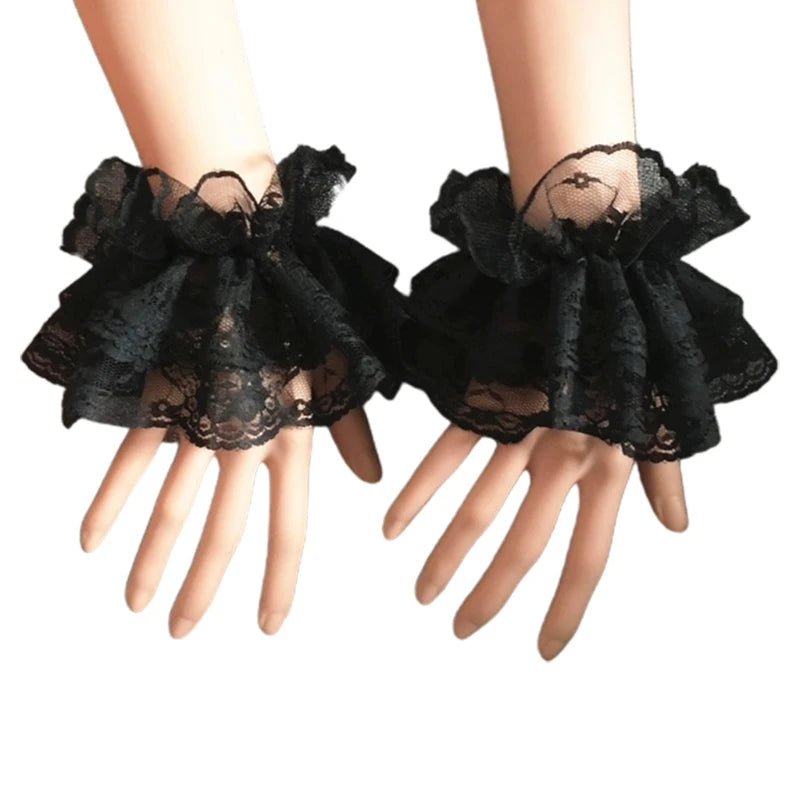 Steampunk Lolita Hand Sleeve Wrist Cuffs Ruffled Floral Lace Elastic Bracelet XX9D [LOL]