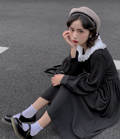 Harajuku Gothic Kawaii Black Sailor Dress Women Lolita Girl Style Lace Collar Vintage Bandage Casual Pleated Long Vestidos  [LOL]