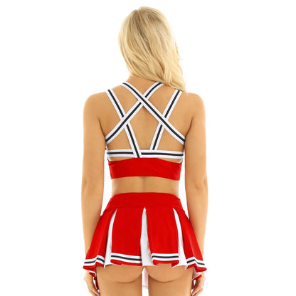 Womens Cheerleader Cosplay Costume Set Pentagram Back Crop Top with Mini Pleated Skirt Charming School Girl Cheerleading Uniform [COS]