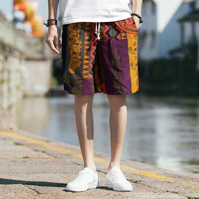 Men Cotton Shorts Japanese Casual Hip-Hop Printing Drawstring Shorts Summer Street Loose Straight Comfortable Men Shorts M-5XL [MEN]