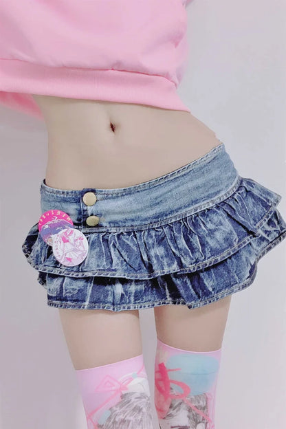 Japanese Girl Pleated Super Mini Denim Skirts Low Waist A Line Bud Skirt Solid Night Club Party Wear Skirt Punk Style Lolita New