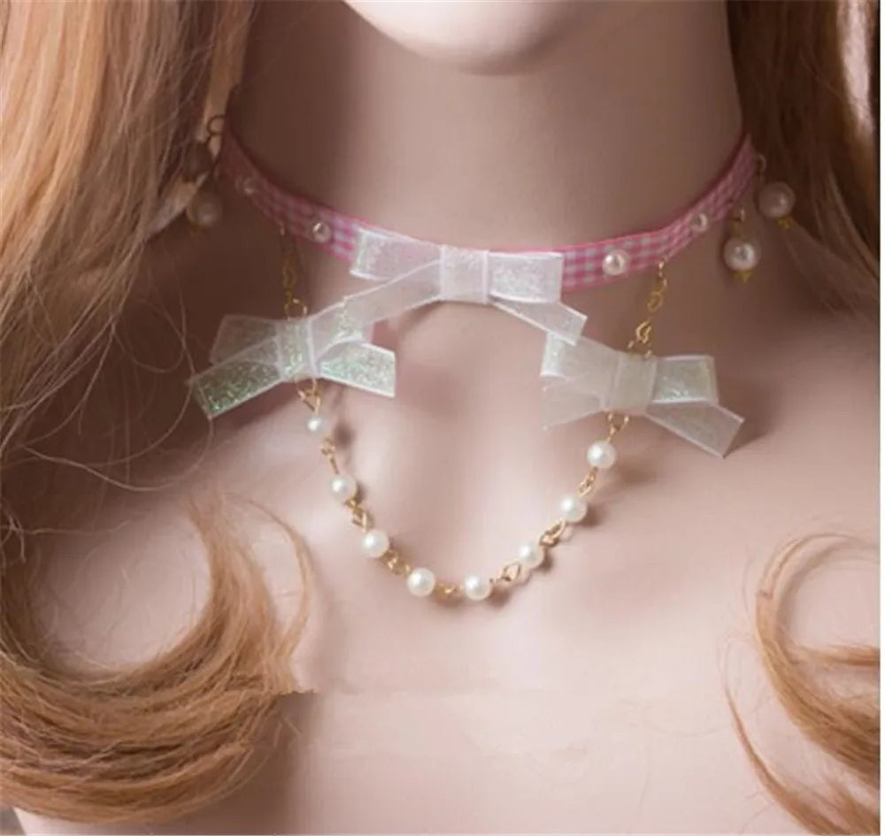 Handmade Pendant Necklace Lolita Princess Gothic Pink Series Collar Pearl Butterfly Knot Soft Sister Heart Day Choker B795 [LOL]