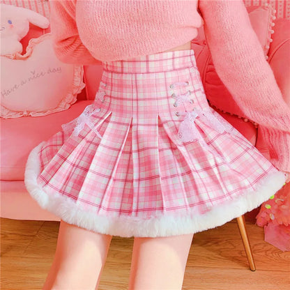 Winter Kawaii Pleated Mini Skirt Women Korean Fashion Plaid Cute Lace Cosplay School Girl Lolita Female Warm Short Tutu Skirts [LOL]