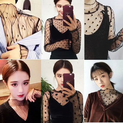 Ruoru Women Sexy Harajuku Mesh Tops Net See-Through T Shirt Transparent Undershirt Star Base Top Camisas Femininas Clubwear [WOM]