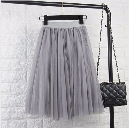 TingYiLi 4 Layers Tulle Skirts Womens Black Gray White Adult Tulle Skirt Elastic High Waist Pleated Midi Skirt [WOM]