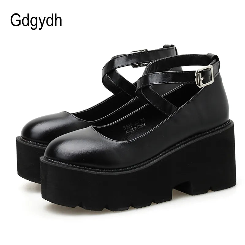 Gdgydh College Student Shoes Girl LOLITA Shoes JK Uniform PU Leather Platform Heels Ankle Strap Womens Pumps 2022 New Spring [LOL]