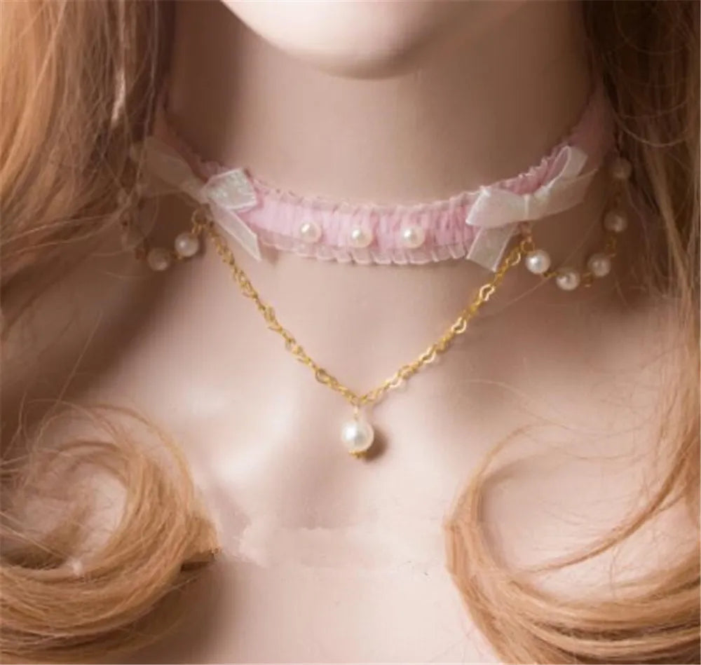 Handmade Pendant Necklace Lolita Princess Gothic Pink Series Collar Pearl Butterfly Knot Soft Sister Heart Day Choker B795 [LOL]