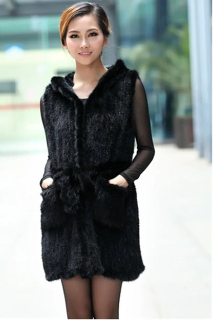 New Genuine knitted mink fur vest hooded mink fur vest warm winter fur coat [WOM]