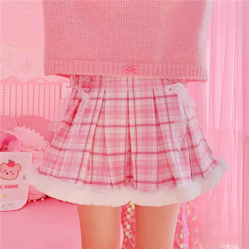 Winter Kawaii Pleated Mini Skirt Women Korean Fashion Plaid Cute Lace Cosplay School Girl Lolita Female Warm Short Tutu Skirts [LOL]