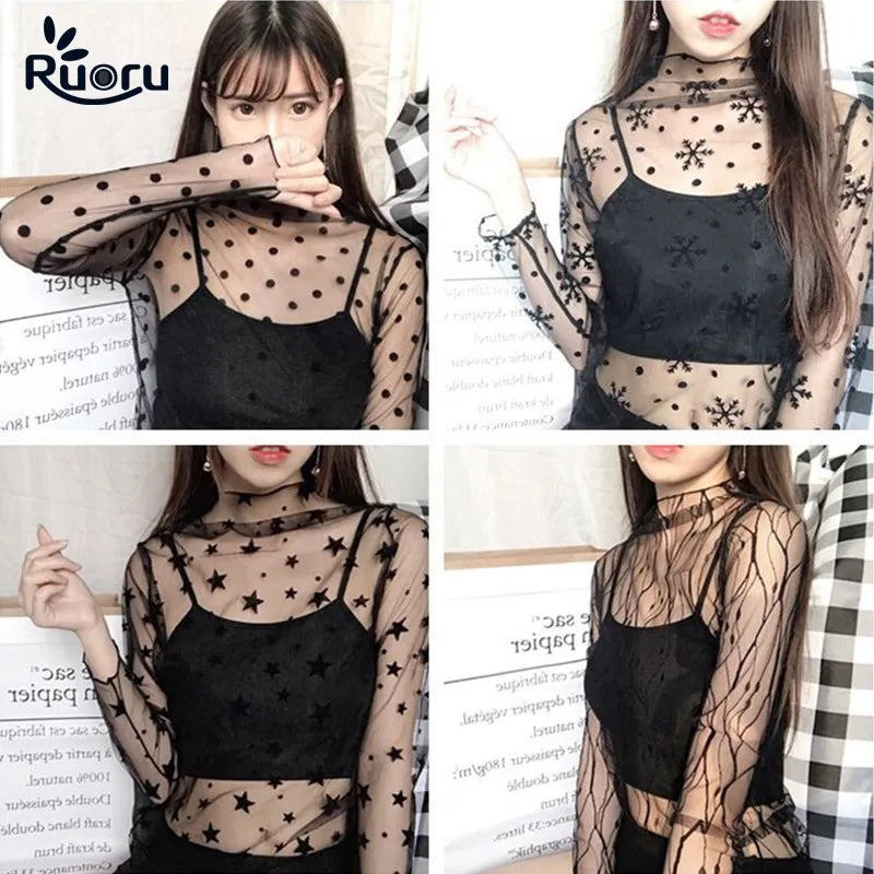 Ruoru Women Sexy Harajuku Mesh Tops Net See-Through T Shirt Transparent Undershirt Star Base Top Camisas Femininas Clubwear [WOM]