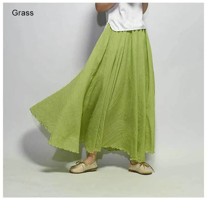 Women's Elegant High Waist Linen Maxi Skirt 2023 Summer Ladies Casual Elastic Waist 2 Layers Skirts saia feminina 20 Colors SK53 [WOM]