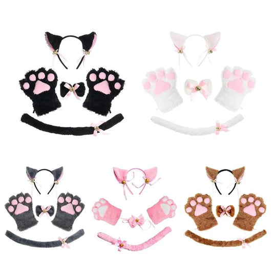 Women Lady Cat Kitty Maid Cosplay Costume Set Plush Ear Bell Headband Bowknot Collar Choker Tail Paws Gloves Anime Props [COS]