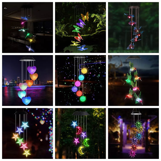 LED Solar Wind Chime Crystal Ball Hummingbird Wind Chime Light Color Changing Waterproof Hanging Solar Light For Home Garden [SLG]