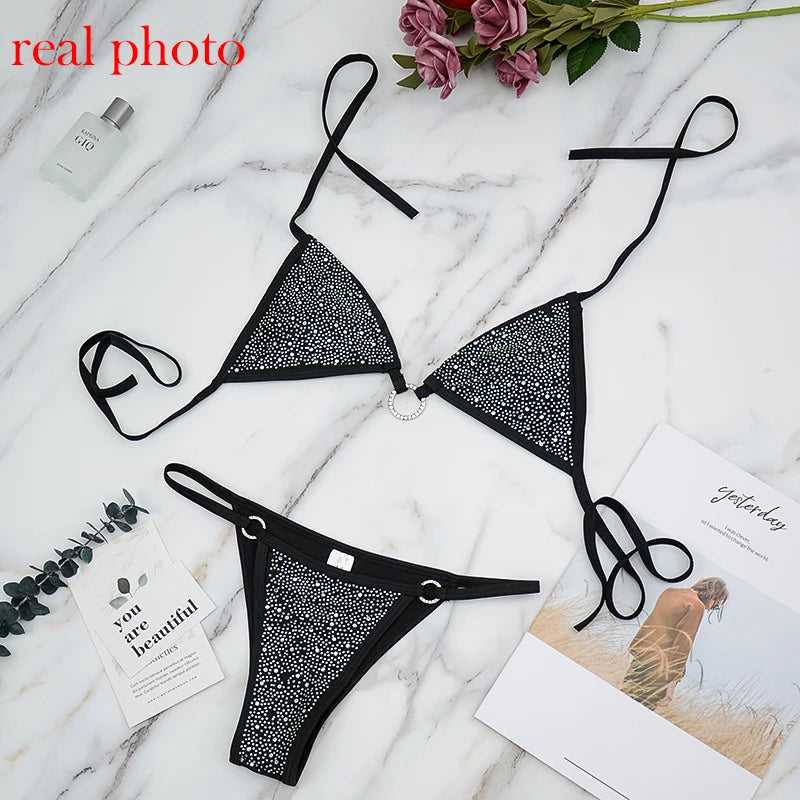 Ellolace Sexy Diamond Underwear Bra Party Set Women Deep-V Halter Bra Sets Female 2 Piece Bralette and Thong Fashion Black White [GRM] [UND]