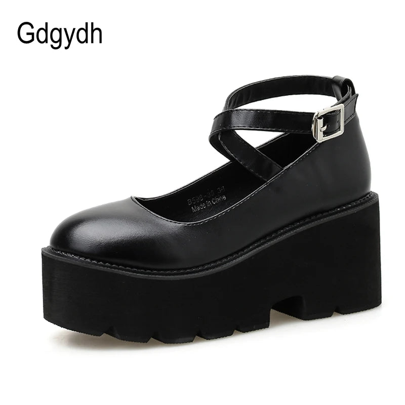 Gdgydh College Student Shoes Girl LOLITA Shoes JK Uniform PU Leather Platform Heels Ankle Strap Womens Pumps 2022 New Spring [LOL]