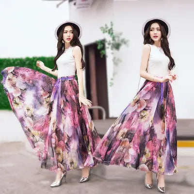 TingYiLi Long Floral Skirts Womens Holiday Beach Boho Skirt Summer Long Skirts Elegant Ladies Maxi Chiffon Skirt 8M Big Swing [WOM]