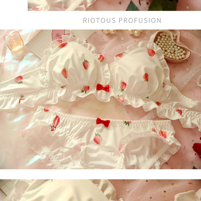 Strawberry Cute Japanese Milk Silk Bra & Panties Set Wirefree Soft Underwear Set Kawaii Lolita Bra and Panty Set Pink Lingerie [LOL]