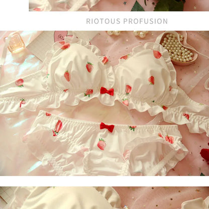 Strawberry Cute Japanese Milk Silk Bra & Panties Set Wirefree Soft Underwear Set Kawaii Lolita Bra and Panty Set Pink Lingerie [LOL]