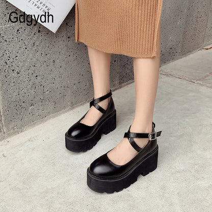 Gdgydh College Student Shoes Girl LOLITA Shoes JK Uniform PU Leather Platform Heels Ankle Strap Womens Pumps 2022 New Spring [LOL]