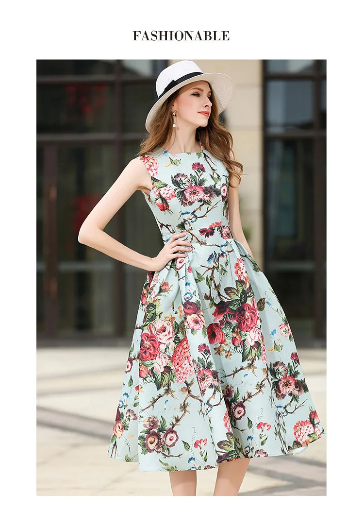 Autumn Sleeveless Floral Print Long Dress Elegant O Neck Rushed Pleated Large Swing Flower Beach Sexy Long Dress Female Vestidos [WOM]