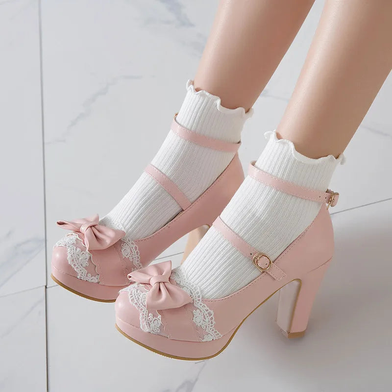 YQBTDL Summer 2022 Ladies Heels Platform Cute Bow Lace Princess Mary Jane Lolita Shoes Party High Heel Buckle Women Pumps Pink [LOL]