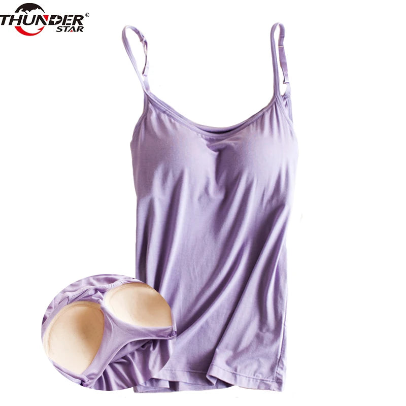 Padded Bra Tank Top Women Modal Spaghetti Strap Camisole with built-in bra Solid Cami Top female Tops Vest Fitness Clothing [GRM] [UND]