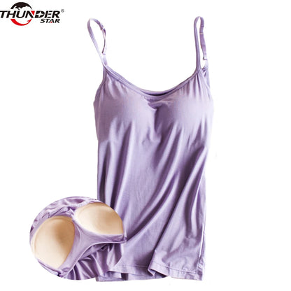 Padded Bra Tank Top Women Modal Spaghetti Strap Camisole with built-in bra Solid Cami Top female Tops Vest Fitness Clothing [GRM] [UND]