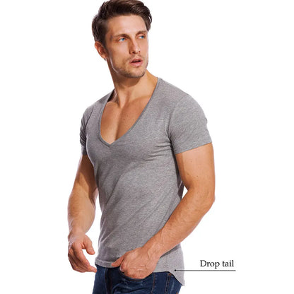 Deep V Neck T-Shirt Men Fashion Compression Short Sleeve T-Shirt Male Muscle Fitness Tight Summer Top Tees [MEN]