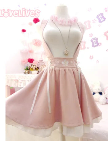 COYOUNG Store Japanese Style Sweet Lolita Girls Short Skirt Sakura Embroidery Young Girl Bestie Ribbon Suspender Skirt [LOL]