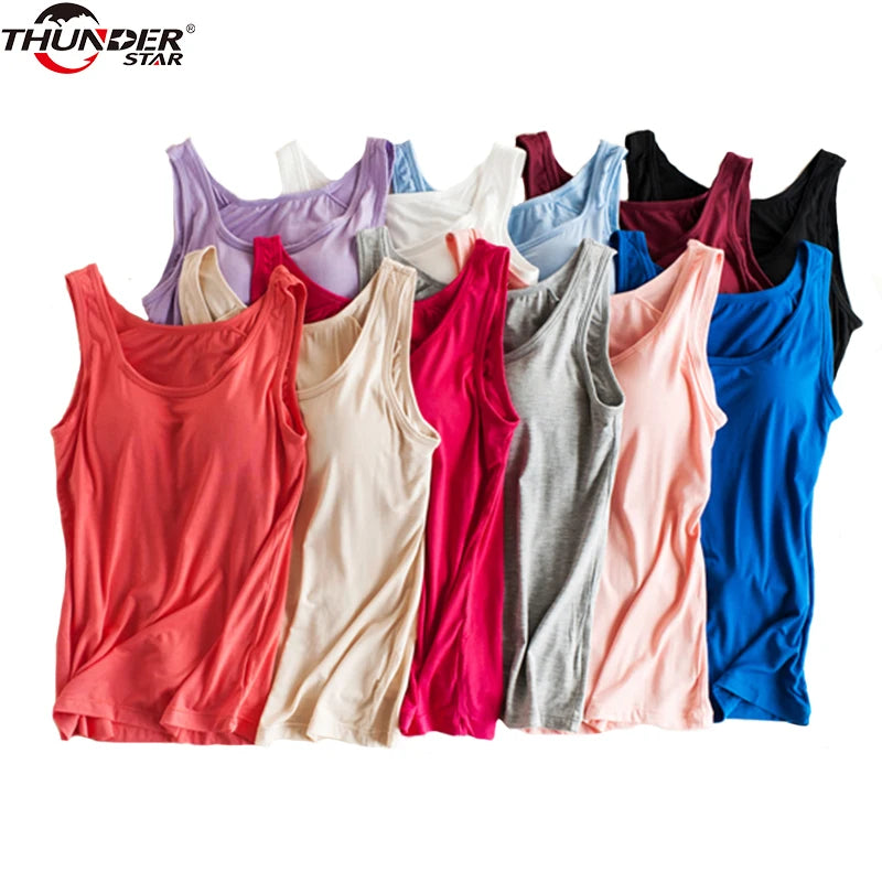 Women Built In Bra Padded Tank Top Female Modal Breathable Fitness Camisole Tops Solid Push Up Bra Vest Blusas Femininas [GRM] [UND]