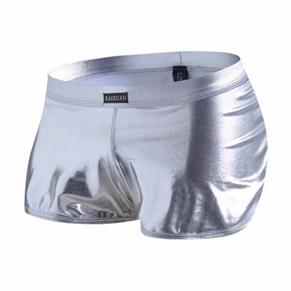 Men PU Boxers Shorts Sexy Leg Split Underpants Faux Leather Gold Silver Stage Exotic Stage show night club Gay Underwear [GRM] [UND]