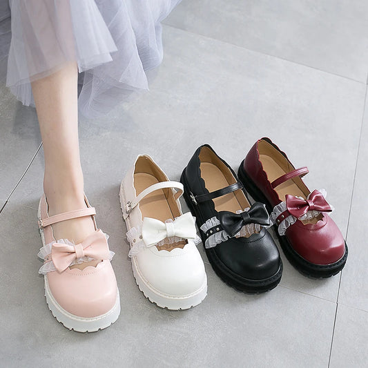 japanese sweet lolita shoes pink white red black bow Harajuku heels women cute shoes korean women shoes round head kawaii shoes [LOL]